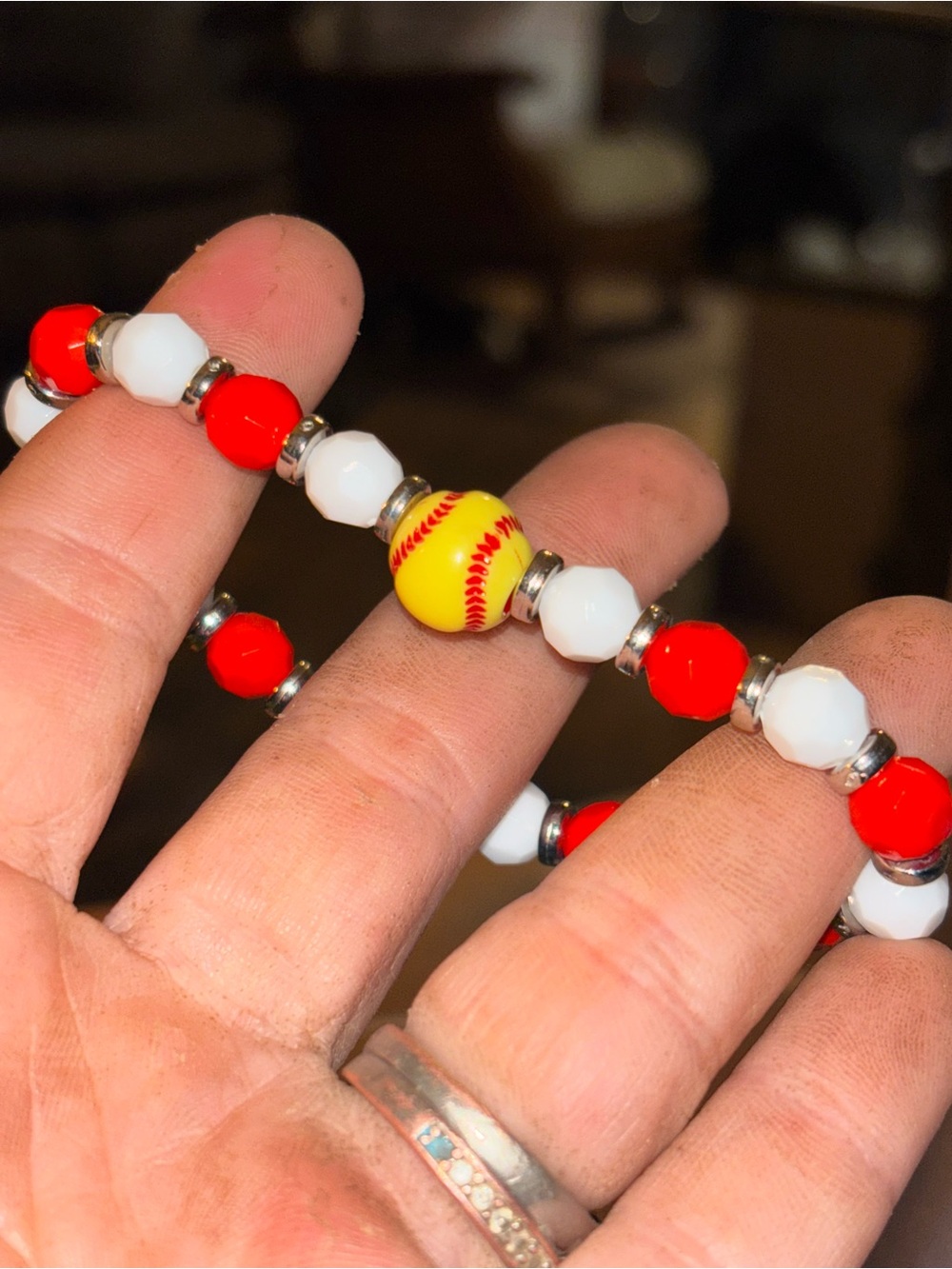 Red & White Beaded Bracelet with Yellow Softball Accent
